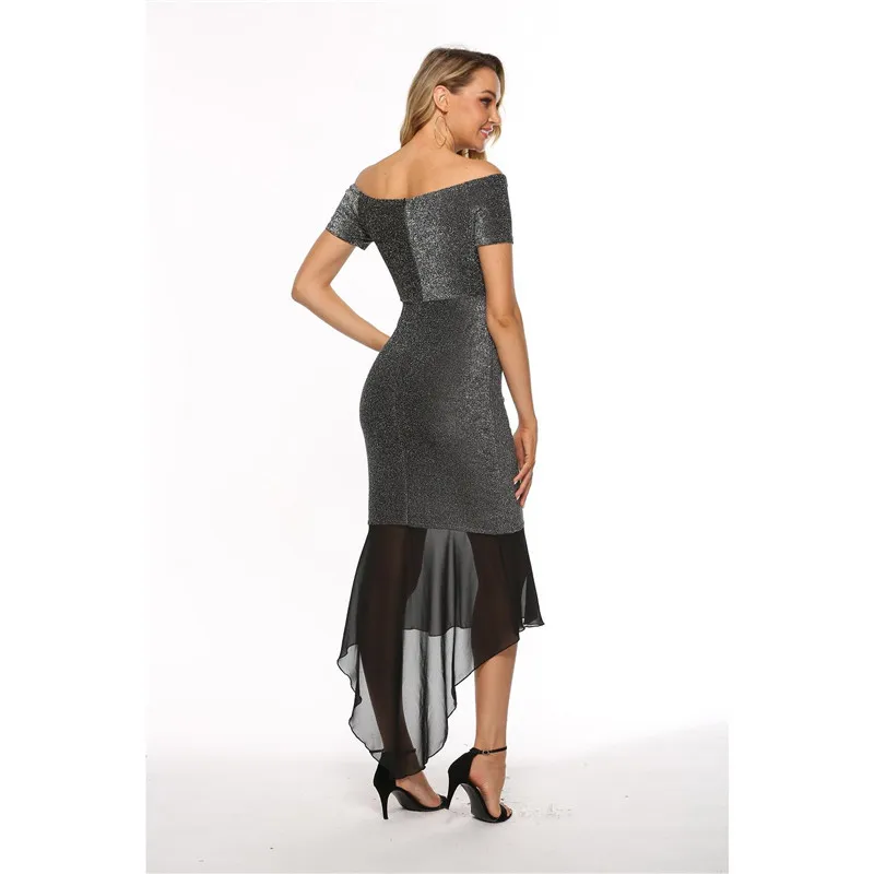 

Summer Sexy Elegant Women Sequined Dress Party Night Slash Neck Mesh Patchwork Slim Dress