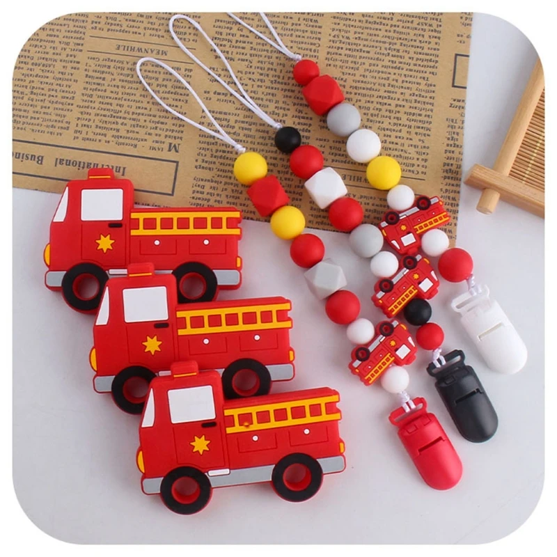 

2 Pcs Baby Pacifier Chain Cartoon Fire Truck Teether Set Nipple Dummy Clip Holder Infant Silicone Teething Soother Molar