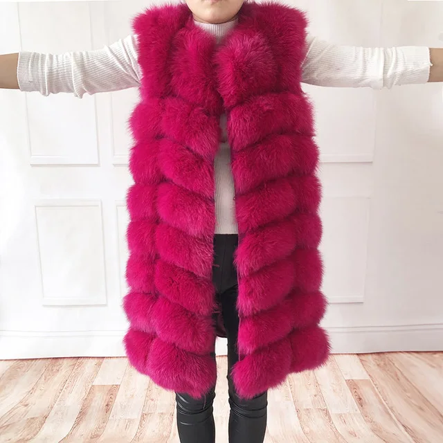 pink Женский жилет из искусственного меха лисы для куртка Женское пальто толстый теплый жилет Модные длинные меховые пальто CA3249 - Цвет: pink