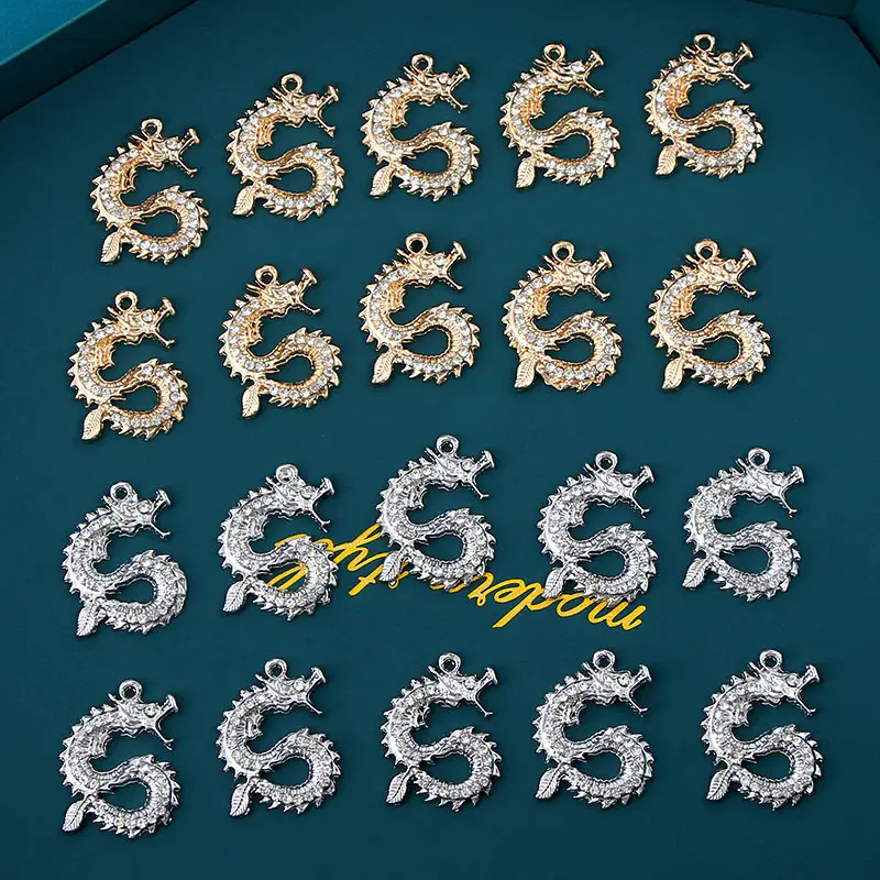 

10Pcs Gold Silver Colors Shiny Crystal Dragon Charms Pendant Zinc Alloy Metal Animal Charm For DIY Necklace Making Accessories