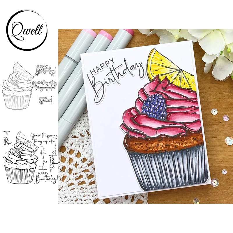 

QWELL Sweet Delicacy Fruit Cupcake Metal Cutting Dies and Clear Silicone Stamps Happy Birthday Words DIY Scrapbooking 2021