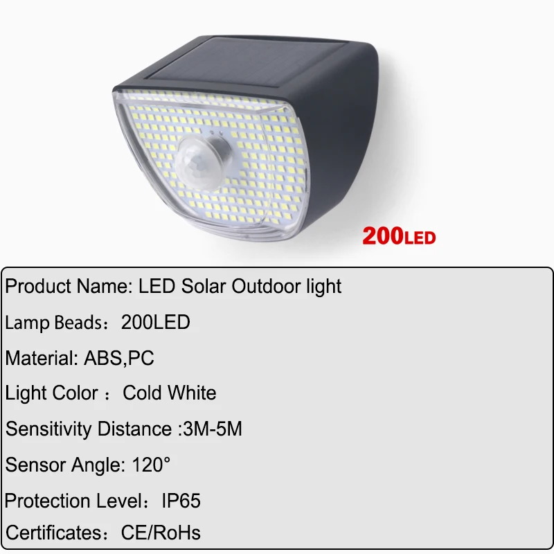 200 LED Солнечный датчик света Супер яркий индукция человеческого тела IP65 3 Режимы работы Водонепроницаемый ИК-датчик Наружное освещение