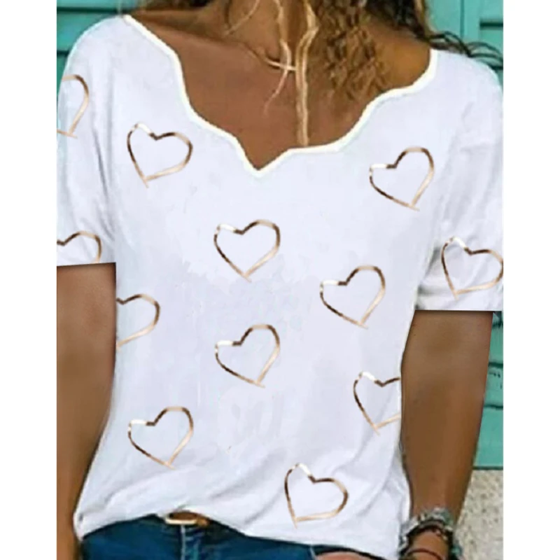 

Asymmetrical Neck Ladies Blouse Hearts Print Short Sleeve Pullover Summer Elegant Female Shirts Top Blusas