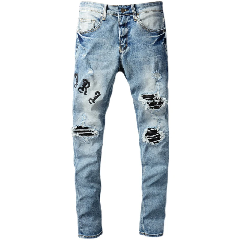 

New High Street Fashion Tide Brand New Washed Light Color Patched Leather Ripped Jeans Men's Male Trendy Stretch Slim Pants 679