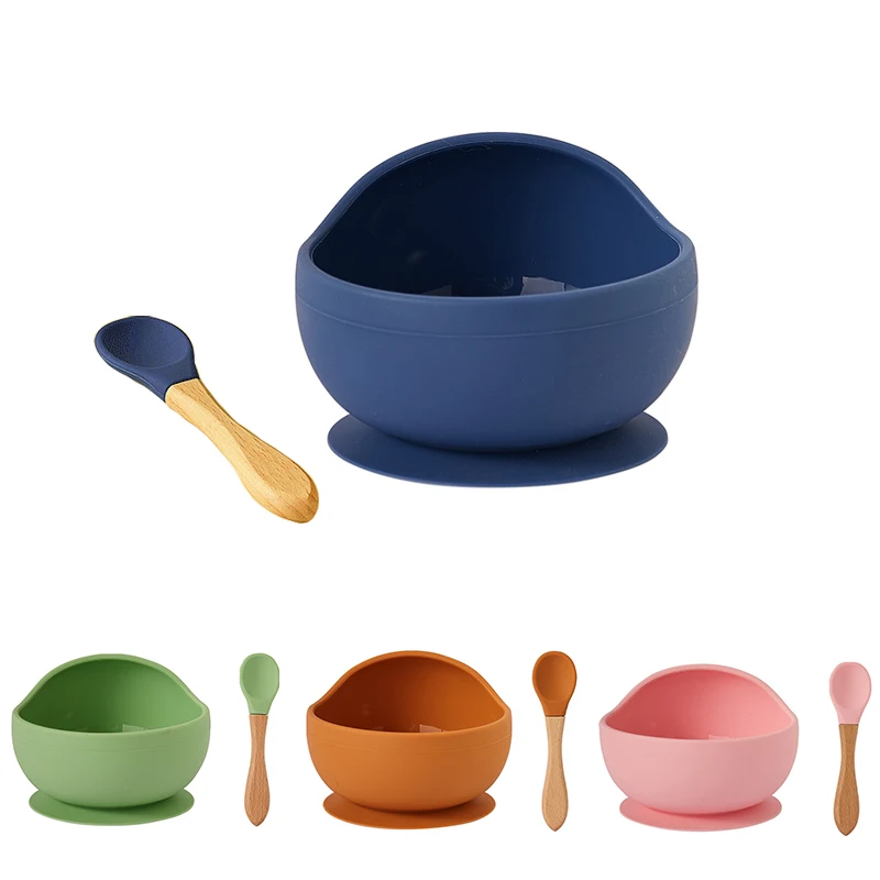 

Baby Feeding Bowl Silicone Tableware Dishes Non-Slip Suction Design Dinner Plate Infant Training Spoon Set Food Grade Material