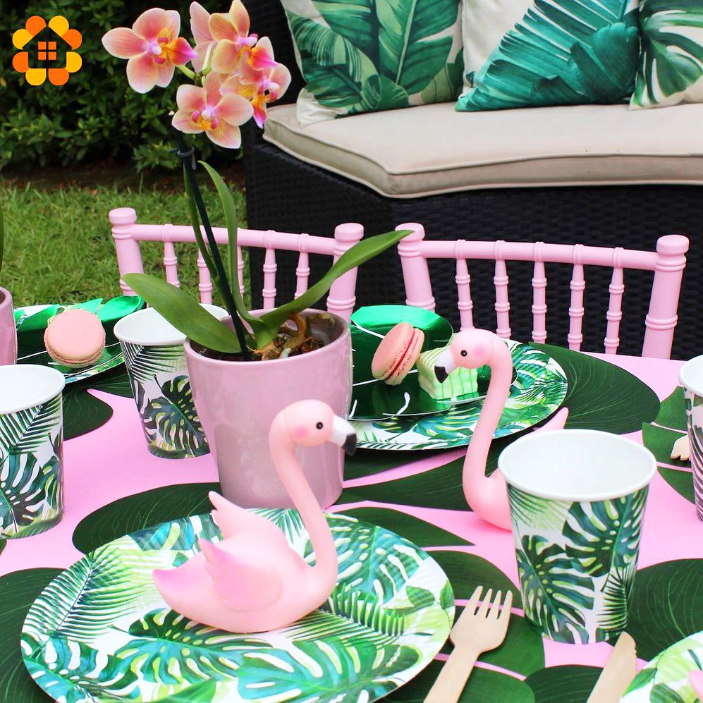 Flamingo Hawaiian Tableware Artificial Tropical Palm Leaf Banner Green Latex Confetti Balloons Birthday Summer Party Supplies
