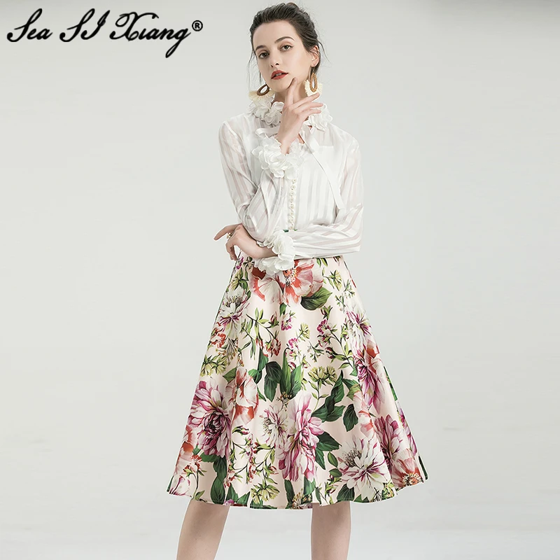 

Seasixiang Fashion Designer Summer Suit Women Embroidery Flare Sleeve Striped Tops + Floral Print Skirt Two Piece Set