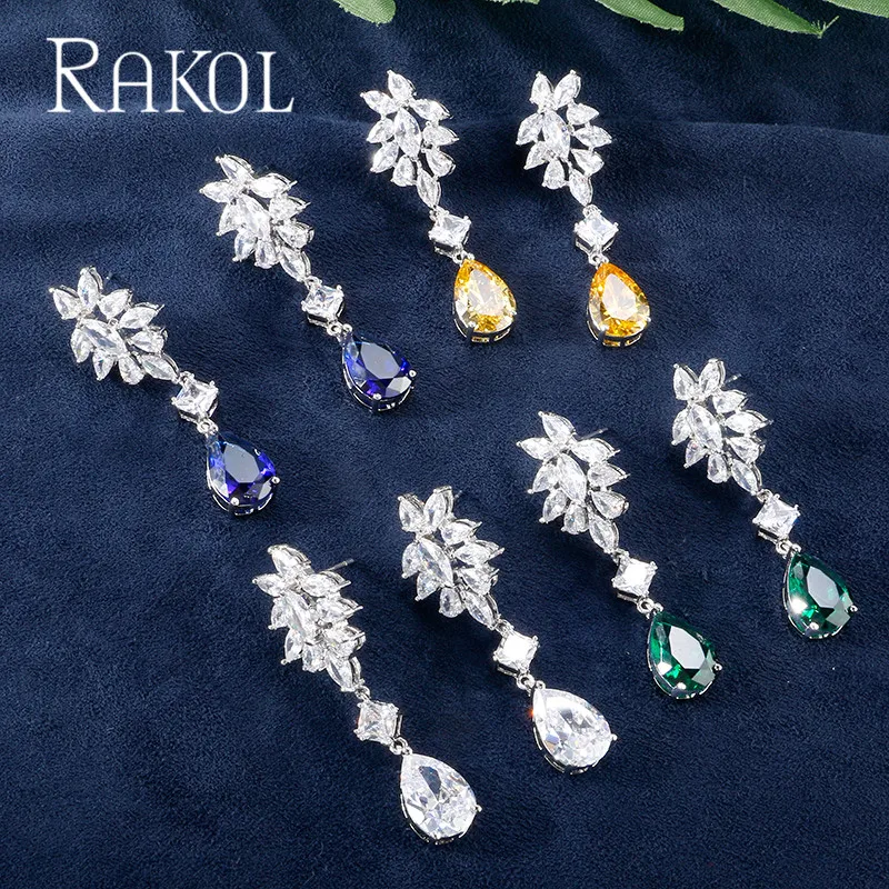 Женские блестящие висячие серьги RAKOL с синими каплями циркония AAA модные