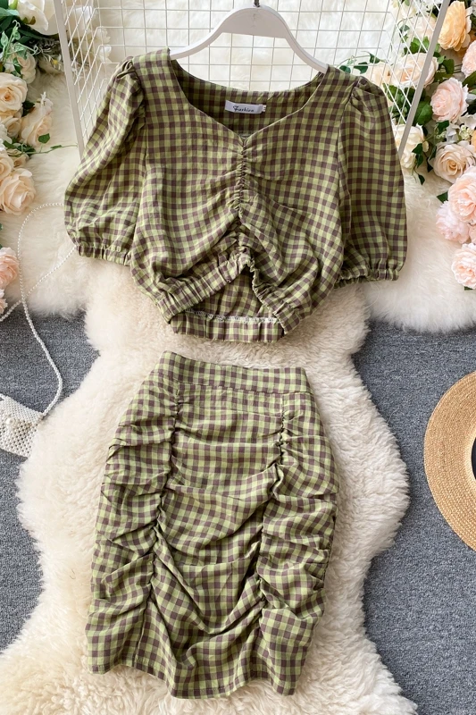 

Korean Vintage Plaid Set 2020 Summer Women V-neck Short Sleeve Top+Mini Skirt Two Piece Set