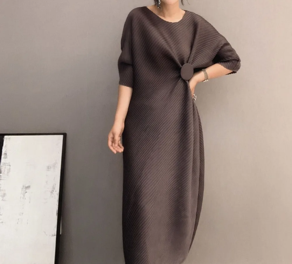 Miyake модное платье на запястье с коротким рукавом, с блестками, с круглым вырезом, со складками, на пуговицах, прямое платье