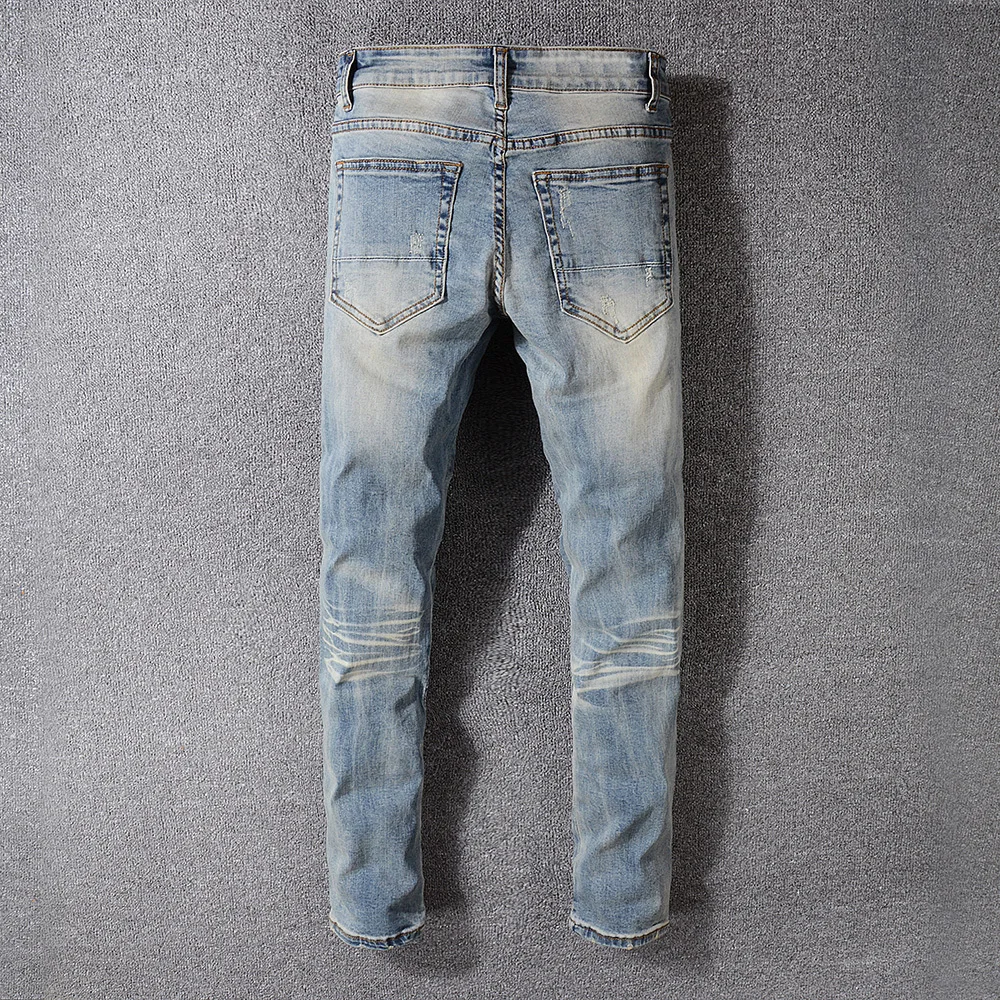 Мужские Роскошные Винтажные синие плиссированные Стрейчевые джинсы байкерские