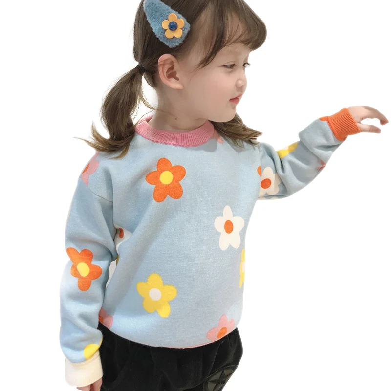 

Kids Sweater Coat Children Knitted Outwear Girls Plus Velvet Sweater Pullover Knit Bottoming Shirt Flower Printed Coat