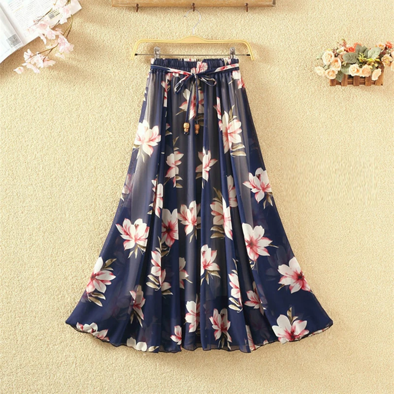 Гофрированные длинные юбки для женщин Цветочная шифоновая юбка макси с высокой