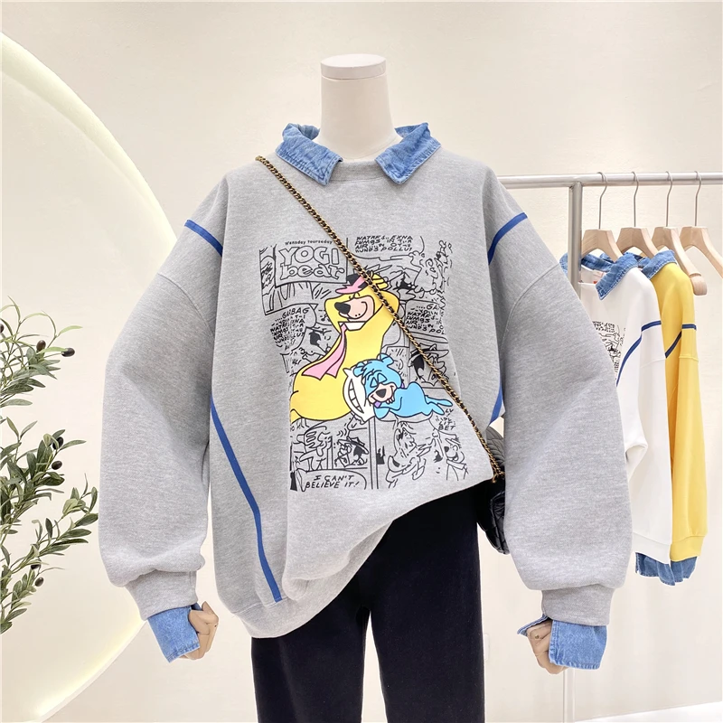 

Printed Cartoon Pattern Fashion Stitching Denim Collar Loose and Lazy Style Pullover Sweater Women's New Spring Coat Fashion