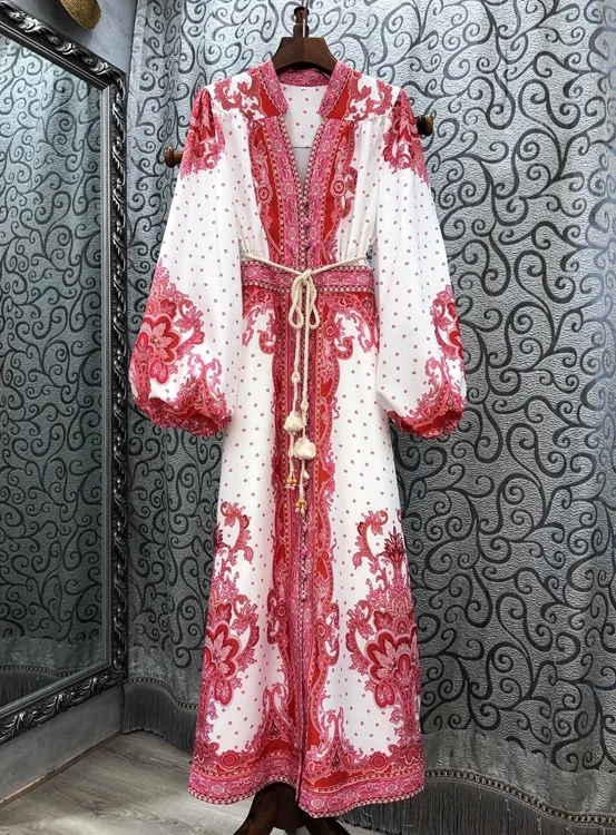 

SISPELL Vintage Loose Print Dress For Women V Neck Puff Long Sleeve High Waist Single Breasted Ankle Length Dresses Females 2021