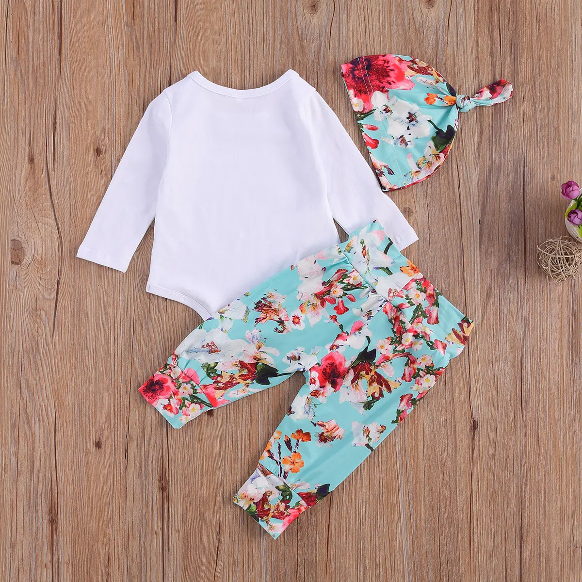 

3 Pieces Baby Newborn Girls Outfits Long Sleeve O Neck Letter Rompers Floral Print Pants Hats Infant Toddler Autumn Sets 0-12M