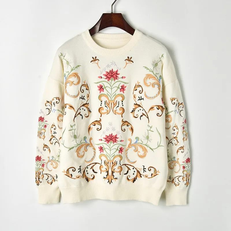 Embroidery Women Sweater 2018 Winter Retro Flower Crew Neck Luxurious Sweaters and Pullovers Knit Tops | Женская одежда