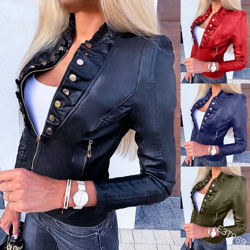 

2021 spring and autumn women's new slim slim leather jacket button leisure motorcycle imitation zipper pocket thin PU short jack