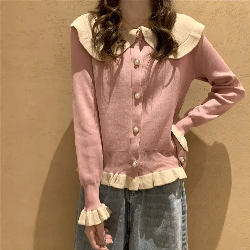 

Женская Осенняя куртка, новинка, свитер контрастных цветов с кукольным воротником, кардиган, пальто, женская верхняя одежда, повседневное в...