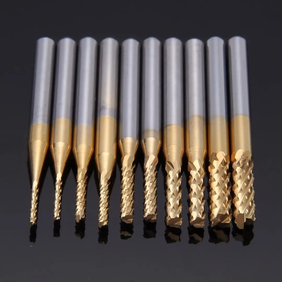

10pcs/set Titanium Coated Carbide End Mill Engraving Bit Rotary Tools 1mm-3mm