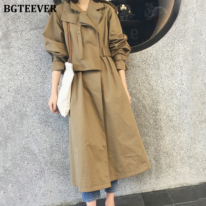 BGTEEVER Повседневный Свободный Длинный плащ с отложным воротником Женское пальто