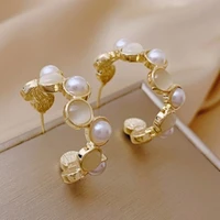 origin summer exquisite simulation pearl opals hoop earring for women girls delicate gold color metallic c shape earring jewelry