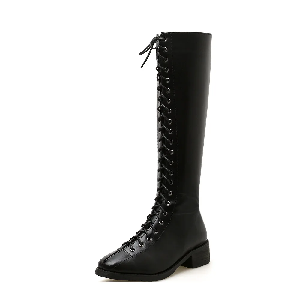 Botas Mujer; сапоги до колена с перекрестной шнуровкой; женские рыцарские сапоги martin; botines; обувь в стиле ретро на шнуровке, на массивном каблуке; зимняя кожаная обувь - Цвет: Черный