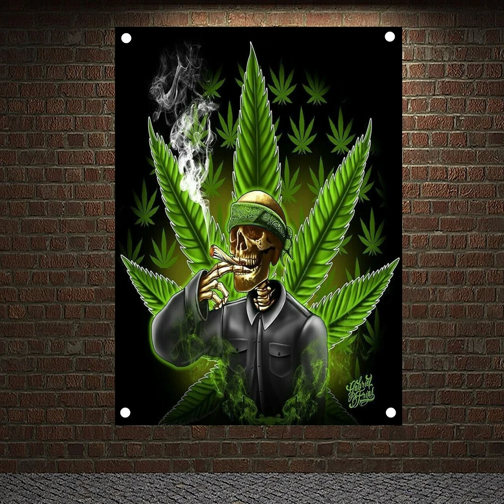 

Skeleton Jute leaves Banners Skull Tattoo Art Flags Canvas Painting Home Decoration Scary Bloody Posters Tapestry Wall Hanging
