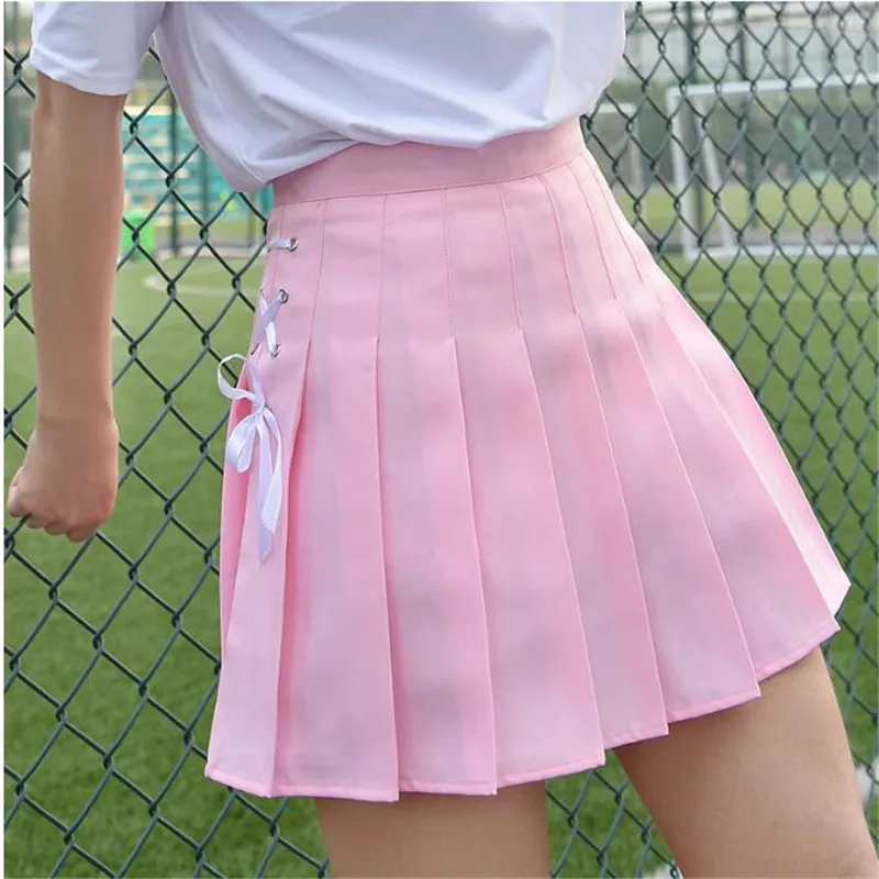 Women Pleated Skirt Summer Solid A Line High Waist Mini Skirts Harajuku Gothic Punk Hip Hop Bow Lace-Up Preppy Girls Sexy | Женская
