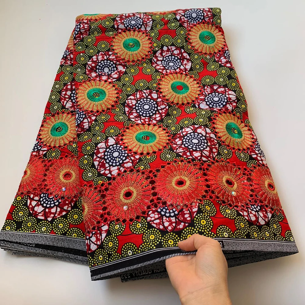 

Free Shipping 5 Yards High Quality African Wax Block Prints Nigerian Ankara Sewing Dress Fabric With Embroidery Threads Party