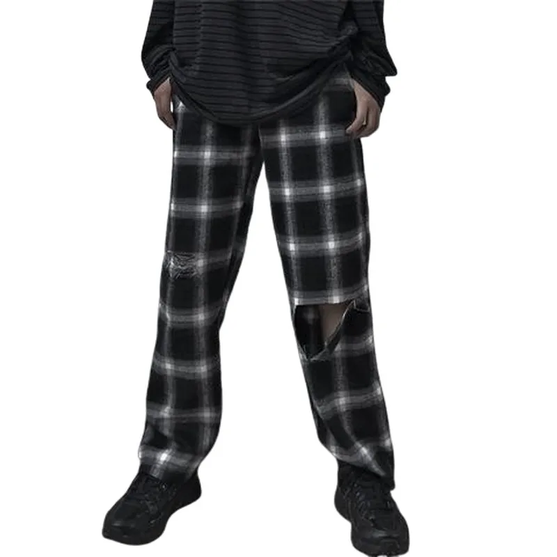 

poor hole Trendy plaid pants streetwear hip-hop straight casual pants Long Trousers High waist Loose Pants for Men sport Clothes