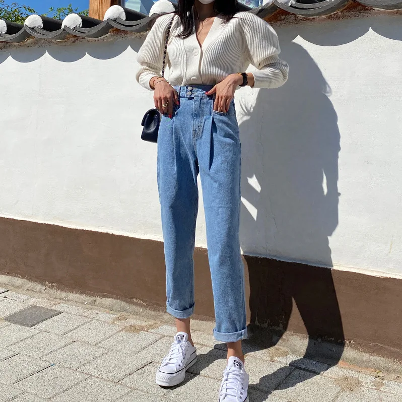 

Casual Double Button High Waist Women Harem Jeans Autumn Winter Streetwear Loose Female Denim Blue Jeans 2020