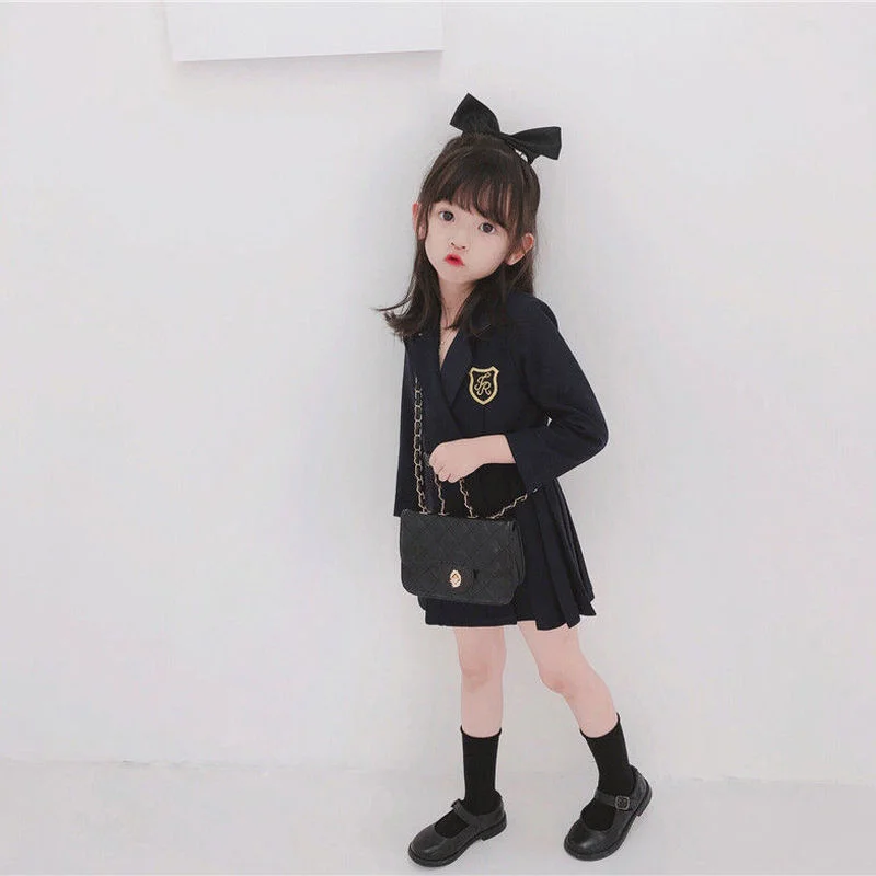 

New Spring and Autumn Double Breasted Long Sleeve Children's Clothes 0-9 Years V-Neck Baby Kids Clothes Girl's Pleated Dress