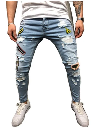 

Wimilous New style jeans ripped badge embroidered label fashion small feet trendy jeans men's trousers