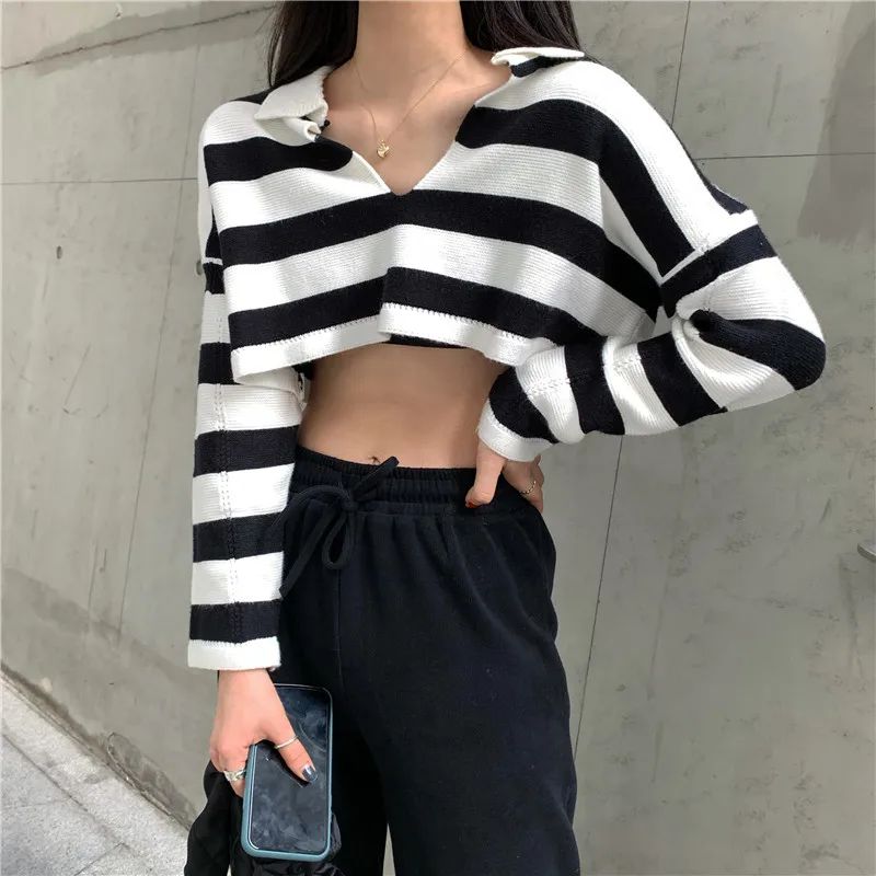 

spring summer new Korean style short striped v-neck Split Tees casual style long sleeve t-shirts Women's Clothing ladies tops