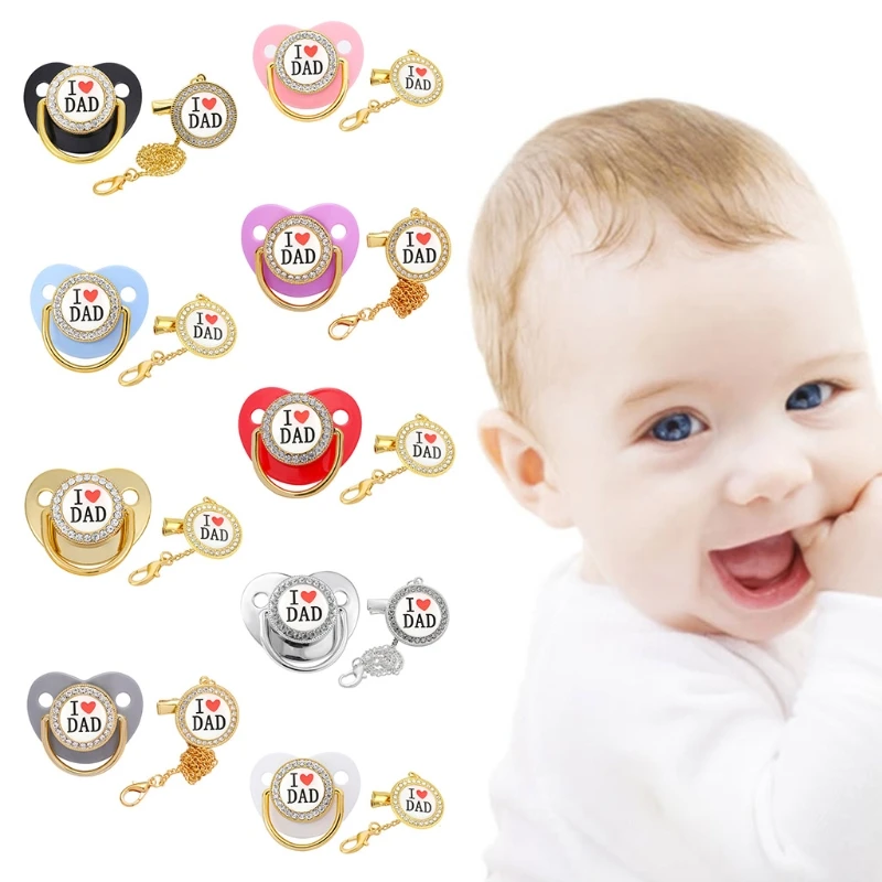 

I Love Dad Baby Pacifier Nursing Accessories with Pacifier Chain Clip Rhinestone Silicone Nipple Appease Soother Newborn Shower