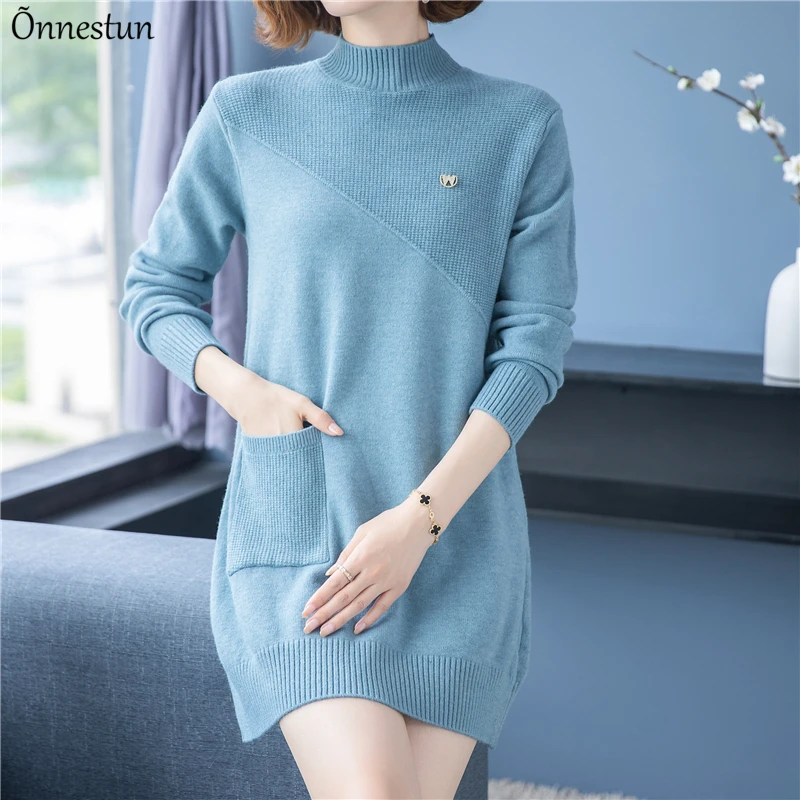 

Женское платье-свитер с высоким воротником, модное осеннее платье-пуловер, женский джемпер, повседневный однотонный длинный свитер для жен...