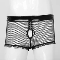patent leather mens boxer brief hollow out fishnet panties o ring shorts waistband underwear see through patchwork underpants