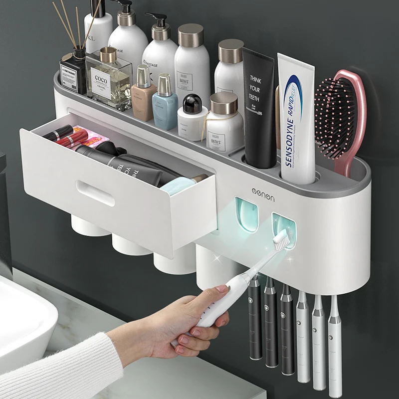 Dispensador autom&aacute;tico doble de pasta de dientes, dispensador de pasta dental con taza invertida de adsorci&oacute;n magn&eacute;tica, soporte para cepillo de dientes, estante de almacenamiento para Ba&ntilde;o-0