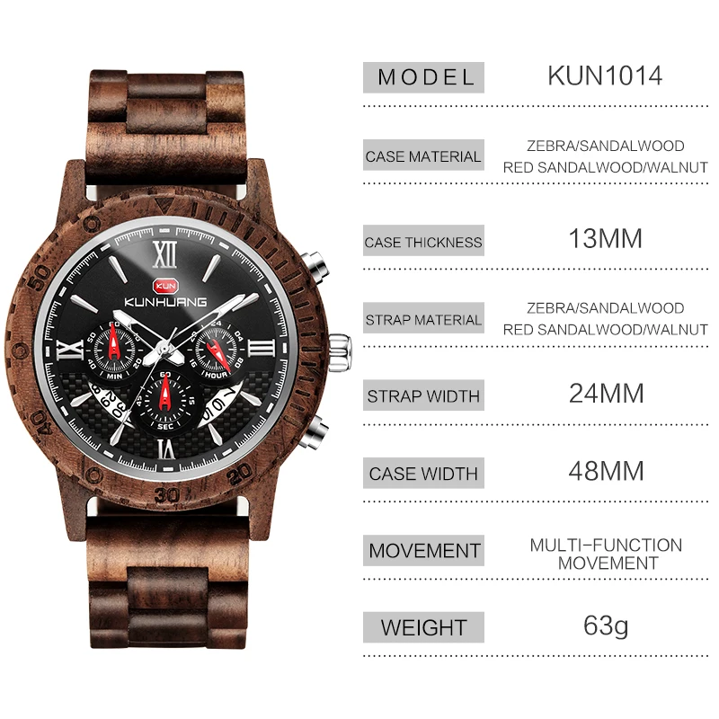 

KUNHUANG Top Brand Luxury Men's Watches Stylish Chronograph Military Wooden Watches Clock Male Wood Watches for Men reloj hombre