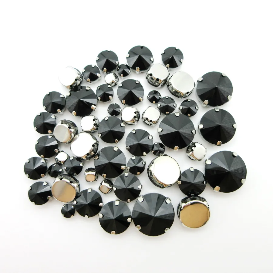 Круглые стразы с черным кристаллом 7 размеров серебристые Стразы плоским