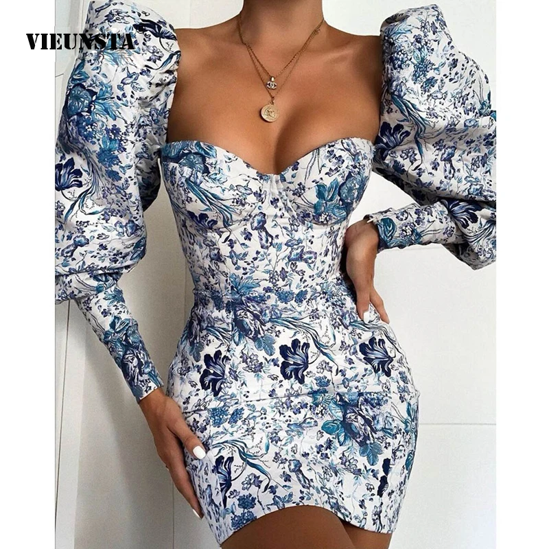VIEUNSTA винтажный буф рукав bodycon платье для женщин Осень цветочный принт мини