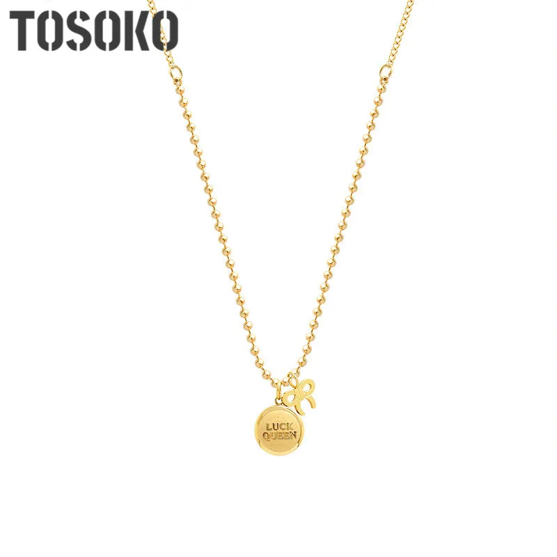 

TOSOKO Stainless Steel Jewelry Lucky Queen Bow Little Golden Bean Pendant Sweater Necklace BSP840