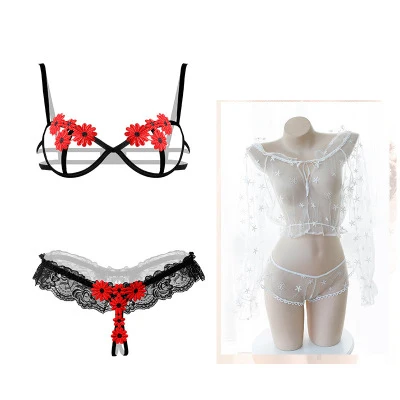 Бежевый Sexy female sexy open file bare chest rim flower perspective bra set+ embroidery perspective split suit - Цвет: Бежевый