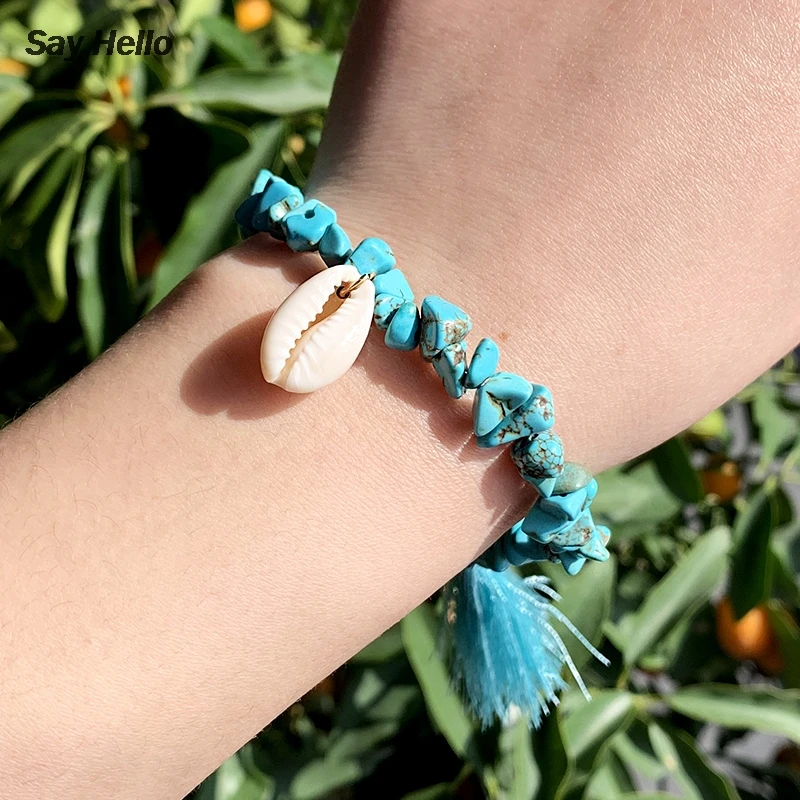 

SAY HELLO Retro Handmade Shell Turquoises Bracelet Metal Chain Tassel Adjustable Ladies Bracelet Boho Jewelry Gift Women B20407