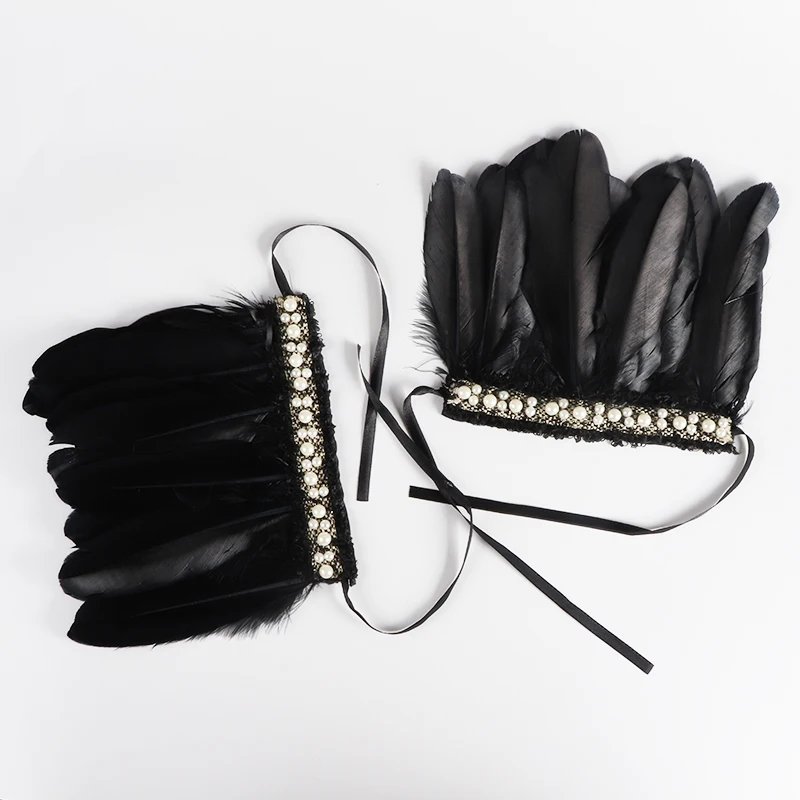 

2pcs Gothic Feather Wrist Cuffs With Pearl Punk Black Real Natural Dyed Rooster Feather Arm Warmers Party Cosplay Feather Gloves
