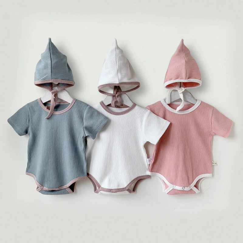 

Baby Romper 2021 Summer Short Sleeve Cotton Cute Splicinggirls and Boys Triangle Climbing Suit with Hat