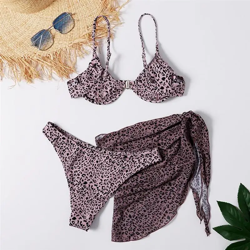 

3pcs Bikini Set With Cover-Up Skirt Women'S Summer Leopard Pattern Padded Underwire Bra E Bather Bathing Suit Bikinis 2021 Mujer