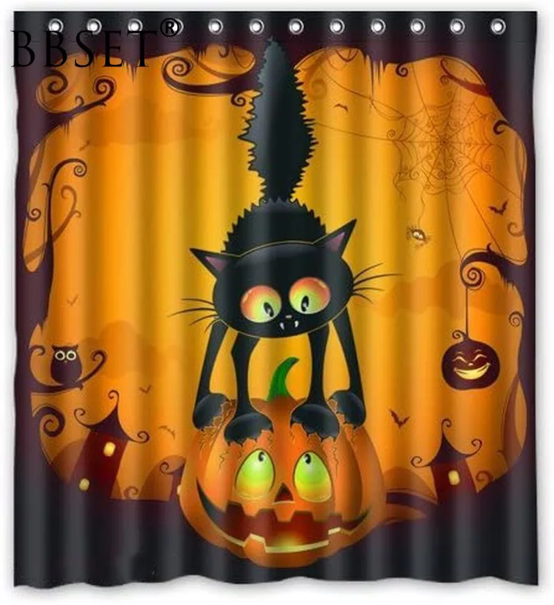 

Happy Halloween Shower Curtain Scary Cat on The Pumpkin Printed Waterproof Multi-size Cortina De Bano Bathroom Decor with Hooks