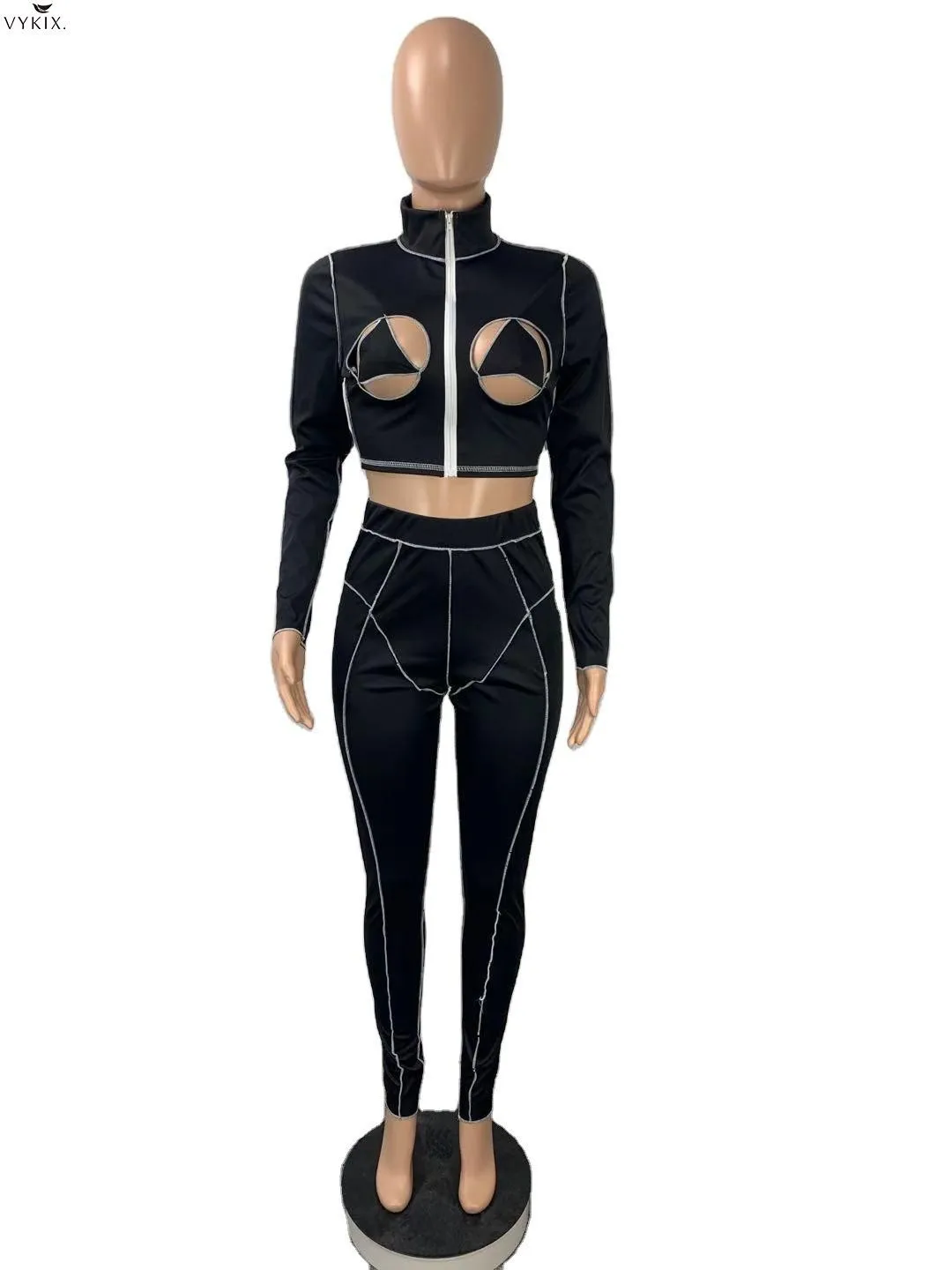

Fashion Zipper Turtleneck Womens Tracksuits Sets Cut Out Bust Bodycon Sexy Club Party Pencil 2 Two Piece Outfits Ensemble Femme